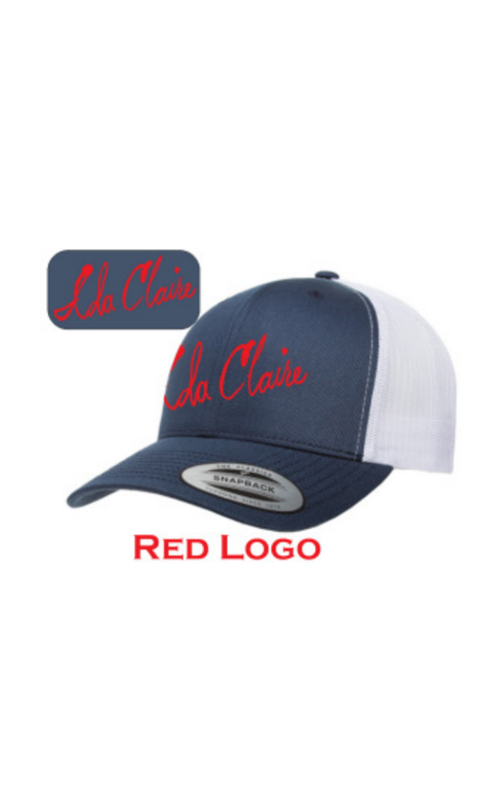 Design # 14865 Ida Claire Yupoong Navy/White Trucker Incentive Cap 3.25" Wide Script Emb-Logo